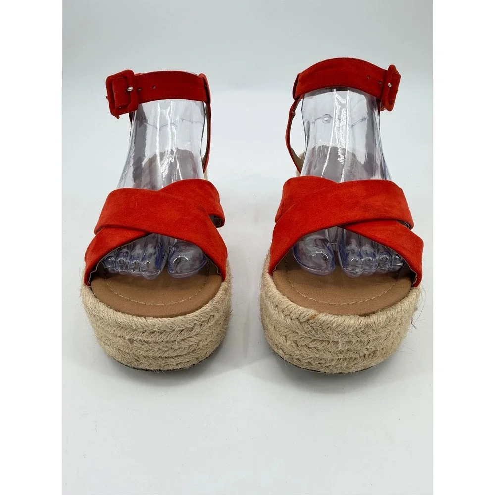 Red Espadrille Platform Sandals Ankle Strap Crisscross Faux Suede Size 7
